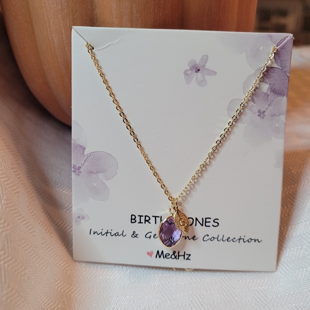 Fashion Gold and Purple Stone And Initial Birthstone Necklace